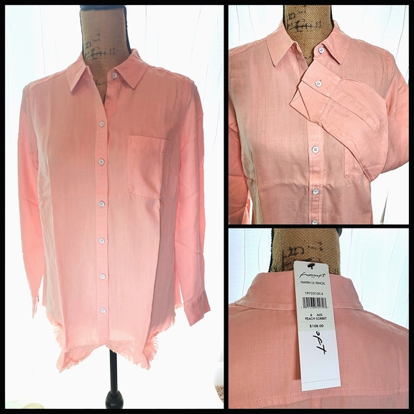 Foxcroft Tops - Foxcroft NWT - Peach Sorbet Tencel Button-Down - Flowy, Fringed, Fabulous! Sz 6